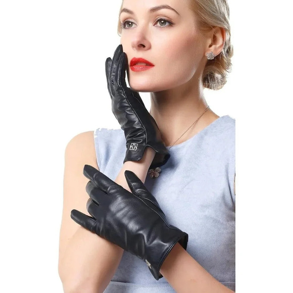 ❤️Women's Black Italian Leather Gloves Lambskin Winter Comfort Gloves - Picture 1 of 8